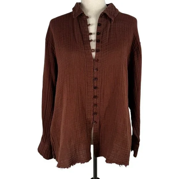 Urban Outfitters Button Up Long Sleeve Gauzey Cotton Shirt in Brown Size Medium - Picture 1 of 8